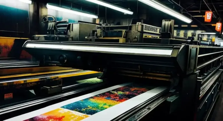 Ein großer Industriedrucker druckt ein farbiges Bild in einer gut beleuchteten Fabrikumgebung.