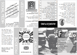 Eine Schwarz-Weiß-Broschüre mit Abschnitten über Fotografie, soziale Medien, Projekte, Website, Ausrüstung, Kontakt und FAQ.