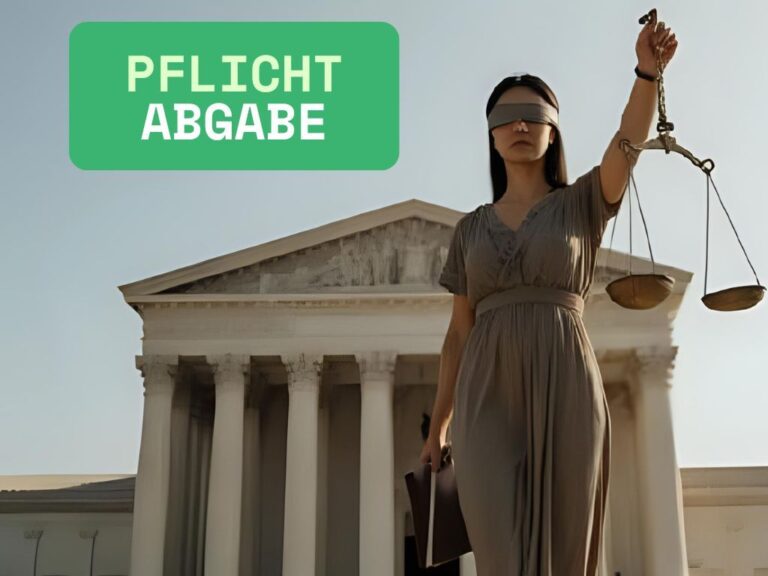 Eine Richterin mit verbundenen Augen hält eine Waage vor einem Gerichtsgebäude, darüber steht PFLICHTABGABE in einem grünen Kasten.